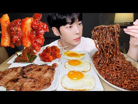 ASMR MUKBANG | 직접 만든 짜파게티 양념 치킨먹방! & 스테이크 FRIED CHICKEN AND BLACK BEAN NOODLES EATING SOUND