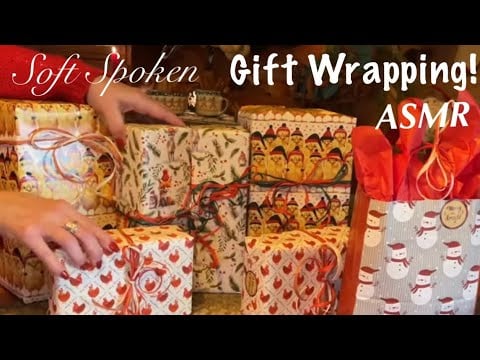 ASMR Christmas Gift Wrapping! (Soft Spoken Version) Paper crinkles, Taping & cutting~Crackling fire!