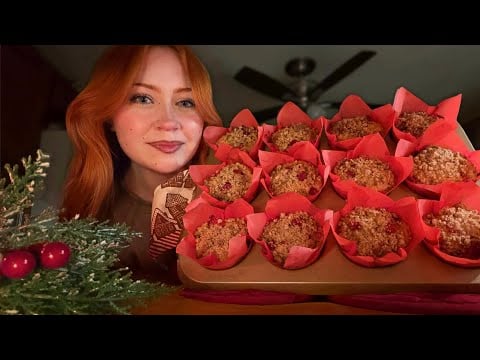 ASMR Baking Cranberry Orange Streusel Muffins 🎄 (Close Whispers, Fire Crackling)