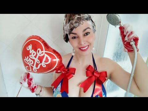 ASMR | VALENTINE'S DAY SHOWER ROUTINE | HAIR WASH | SHAMPOO, SCALP AND HEAD MASSAGE WITH RED GLOVES