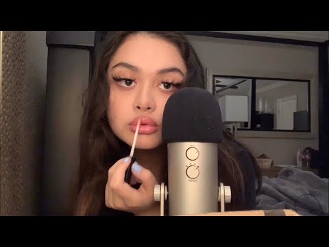 ASMR lipgloss application, mouth sounds, tapping