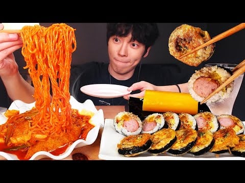 MUKBANG 매콤 달콤 라면 떡볶이 & 소세지 김밥 & 김밥전 분식 조합 먹방! Spicy Tteokbokki+Noodles & Gimbab & Big Pickled radish