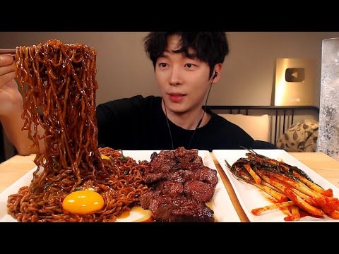 MUKBANG 영화 기생충 짜파구리 & 한우채끝살,파김치 먹방! BLACK BEAN NOODLES & STEAK [SIO ASMR 시오]