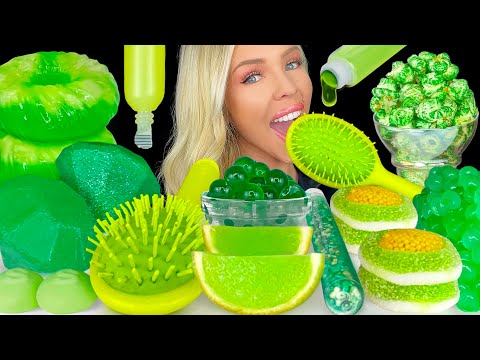 ASMR MUKBANG, Green Food, Edible Hairbrush, Pineapple Lime Jello, Syringe Drink, Apple Jelly 먹방