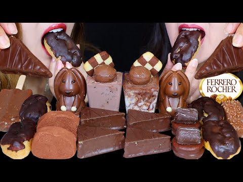 ASMR DARK CHOCOLATE CAKE SLICES, MOUSSE CUPS, CUSTARD CREAM ECLAIRS, MARSHMALLOW EGG, ICE CREAM 먹방