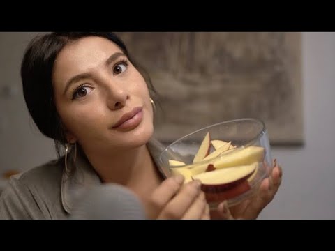 ASMR Mukbang Eating Sliced Apples + Caramel Dip