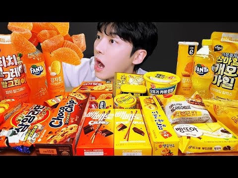 ASMR MUKBANG | 주황 노랑 컬러 디저트 아이스크림 젤리 편의점 먹방 & 레시피 DESSERT ICE CREAM Color Food