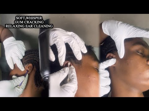 ASMR✨RELAXING SOFT WHISPER AND GUM CRACKING EAR CLEANING AND EAR MASSAGE. RELAXING TRIGGERS