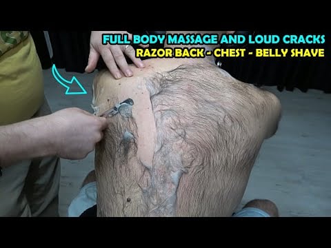 EXTREME RAZOR BACK SHAVE 🪒 Loud Cracks & ASMR head,foot,leg,chest,belly,back,face,ear,armpit massage