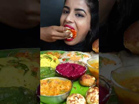 Eating Crispy Masala Dosa,Idli Dahi Vada,Poori,Chutney,Sambar South Indian Food ASMR Eating Video