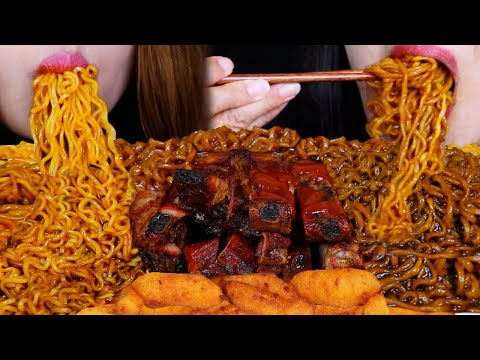 ASMR SPICY BLACK BEAN NOODLES & BBQ RIBS FEAST! 짜장불닭 불닭볶음면 먹방 FIRE NOODLES EATING MUKBANG