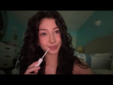 ASMR lipgloss application and soft whispers (mouth sounds, hand movements)