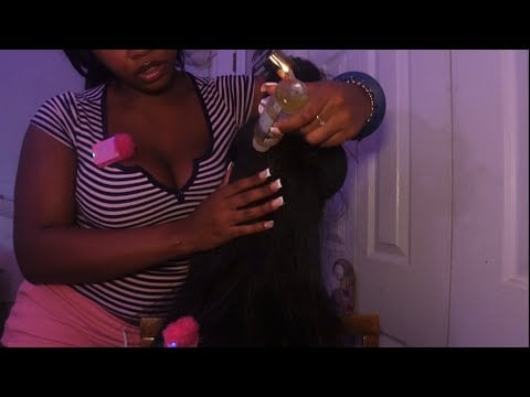 ASMR Scalp Brushing/ Oiling Role Play W Chewing Gum & Hair Curling