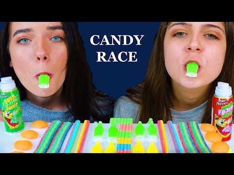 ASMR SOUR CANDY RACE EATING (GUMMY STRAWS, WAX BOTTLES, CANDY FOAM) EATING SOUND LILIBU