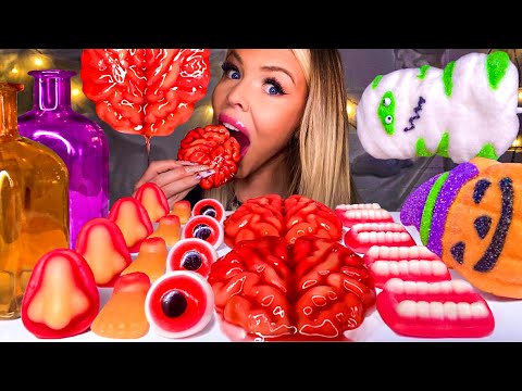 HALLOWEEN ASMR FRANKENSTEIN CANDY, EDIBLE GUMMY BRAIN, GUMMY EYEBALL, PUMPKIN MARSHMALLOW MUKBANG 먹방