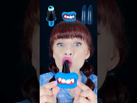 ASMR Dark Blue Gummy Jelly Candy, Gummy Eyballs, Bananas  #mukbang #eatingsounds