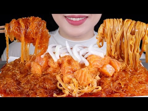 ASMR Spicy Buldak Kelp Noodles and Salmon | Keto Fire Sauce, Zero Calorie Noodles | Diet Mukbang