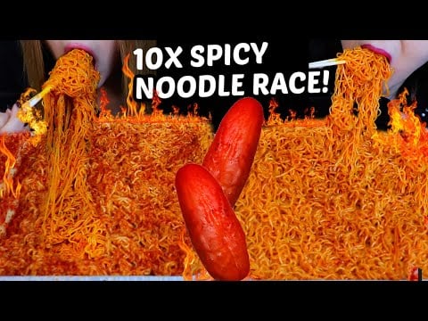 ASMR 10X SPICY RAMEN NOODLE RACE! Loser has to eat big spicy chamoy pickle 먹방