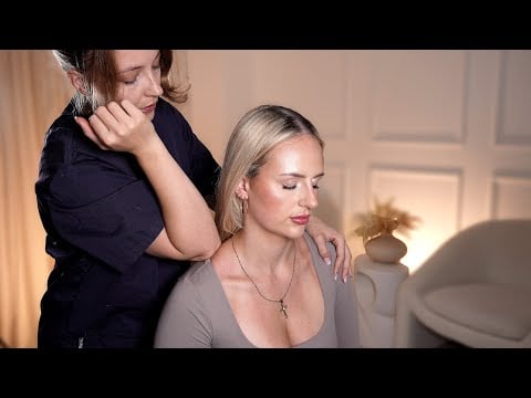 ASMR Chiropractic assessment of the shoulders, neck and back with scalp acupressure massage