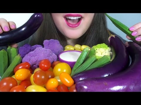 HEALTHY ASMR Raw Veggie Platter [Eggplant, Okra, Tomatoes, Cauliflower] SATISFYING Crunchy Sounds!