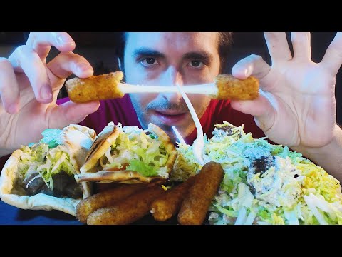 HALAL FEAST حلال ! LAMB, FISH, RICE, FALAFEL + FRIED CHEESE STICKS?! * Mukbang * | Nomnomsammieboy