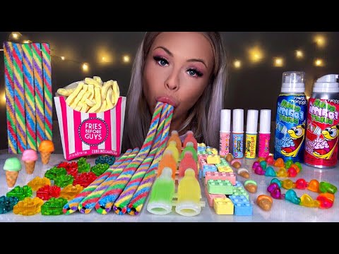 ASMR SOUR RAINBOW JELLY STRAWS, NIK-L-NIPS WAX BOTTLE, EDIBLE LIPSTICK, LEGO JELLY, CANDY MUKBANG 먹방