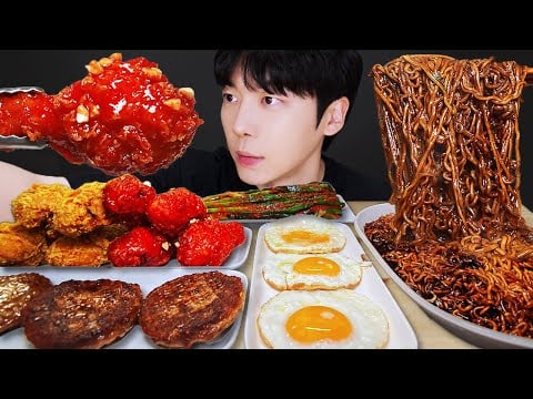 ASMR MUKBANG| 직접 만든 짜파게티 양념치킨 파김치 먹방 & 레시피 FRIED CHICKEN AND BLACK BEAN NOODLES EATING