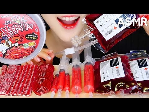 *FAIL* RED FOOD ASMR NUCLEAR SPICY TTEOKBOKKI, GUMMY, SYRINGE, RINGER DRINK ASMR