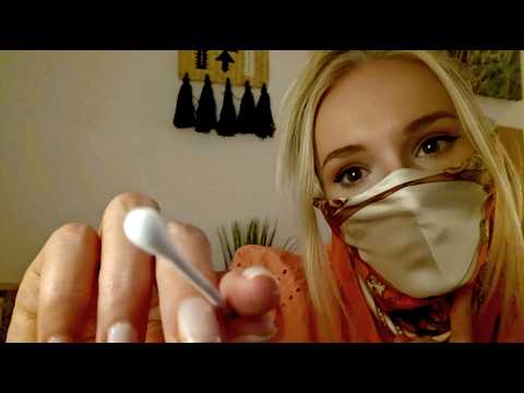 ASMR Face cleaning / face touching / upclose clicky whispering / hand movement / scarf mask