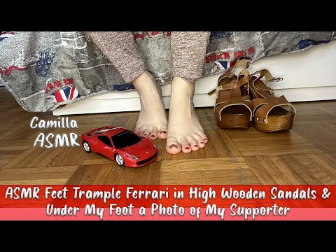 ASMR Feet Trample Ferrari in High Wooden Sandals & Under My Foot a Photo of My Supporter