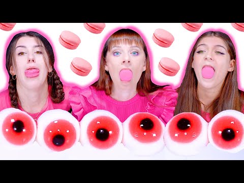 ASMR Pink One Color Food Mukbang (Hubba Bubba Race, Macarons, Bubble Gum, Drink Race)