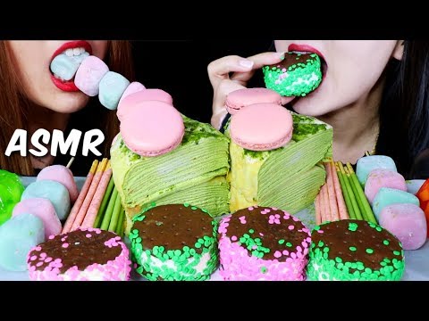 ASMR GREEN TEA CREPE CAKE, PINK MACARONS, DANGO, ICE CREAM, POCKY, JELLO 리얼사운드 먹방 | Kim&Liz ASMR