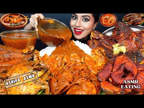 ASMR Eating Spicy Prawn Masala,Crab Fry,Fish Curry Masala,Rice Seafood Big Bites ASMR Eating Mukbang