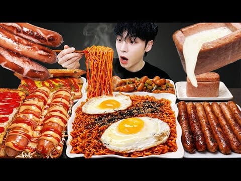 ASMR MUKBANG 직접 만든 대왕 소세지 불닭볶음면 핫도그 치즈스팸 먹방 & 레시피 FIRE NOODLES AND SAUSAGE EATING SOUND!