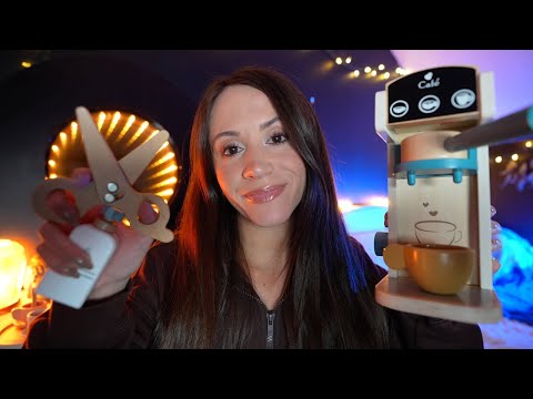 ASMR / Wooden Cafe, Skincare, & Haircut (layered sounds, wooden pampering)