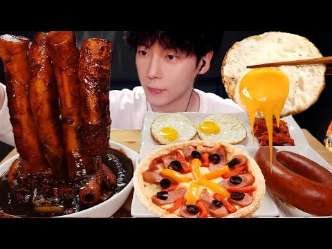 ASMR MUKBANG | 직접 만든 대왕 통 가래떡 짜장 떡볶이 치즈 피자 킬바사소세지 계란후라이 먹방 & 레시피 FRIED  AND Tteokbokki EATING
