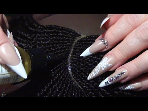 ASMR Scalp Oiling, Scalp Scratching with Long Nails, Braid Scratching, Scalp Check, Whispering