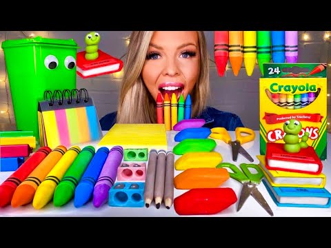 ASMR EDIBLE SCHOOL SUPPLIES* CRAYONS, SCISSORS, ERASERS, PENCILS, EDIBLE BOOK CANDY MUKBANG PRANK 먹방