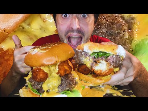 CHEESE SAUCE WAYGU BEEF BURGER + SPICY CHICKEN * ASMR NO TALKING * | NOMNOMSAMMIEBOY