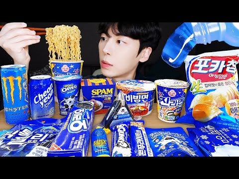 ASMR MUKBANG | 편의점 꿀젤리 블루 디저트 먹방 라면 아이스크림 초콜릿 & BLUE DESSERT HONEY JELLY CANDY