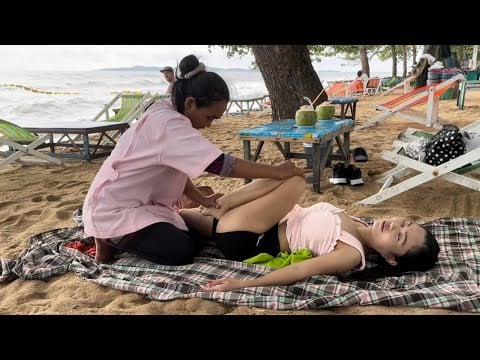 THAI STREET MASSAGE ON THE BEACH 🇹🇭 FOOT BACK HEAD SHOULDER Massage with sounds of wind waves