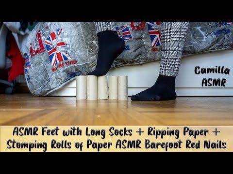 ASMR Feet with Long Socks + Ripping Paper + Stomping Rolls of Paper ASMR Barefoot Red Nails
