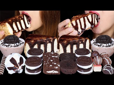 ASMR BLACK & WHITE CREPE CAKE, MINI ICE CREAM SANDWICHES, OREO MOUSSE CUP, FUDGE BROWNIES, CONE 먹방