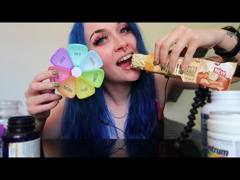 ASMR Eating A Chewy Protein Bar (White Chocolate Peanut & Caramel) And Supplement Organising