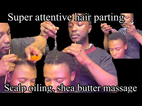 ASMR super attentive & concentrative hair parting, scalp oiling, greasing massage btw parted hairs