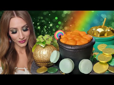ASMR | Mukbang *St. Patrick's Day* POT OF GOLD CAKE, MACARONS, GIANT HAZELNUT CHOCOLATE, & COINS 🪙🍀