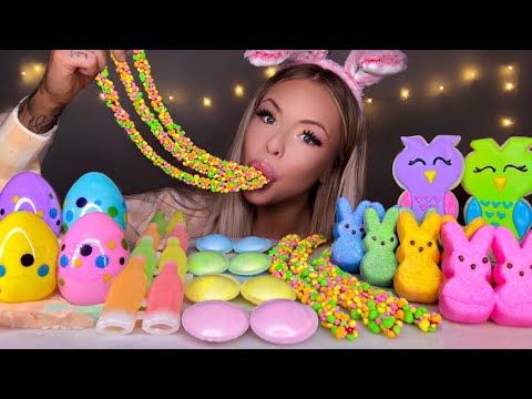 ASMR EASTER EGGS, SATELLITE WAFERS, BUNNY PEEPS, SOUR ROPE JELLY, NIK-L-NIPS WAX BOTTLE MUKBANG 먹방