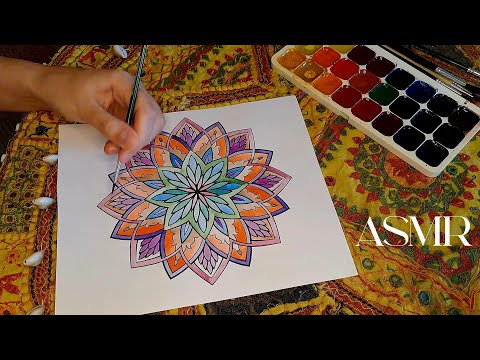 ASMR Watercoloring mandala and telling about myself (soft voice, Russian accent)