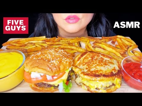 ASMR FIVE GUYS CHEESEBURGERS + CAJUN FRIES MUKBANG