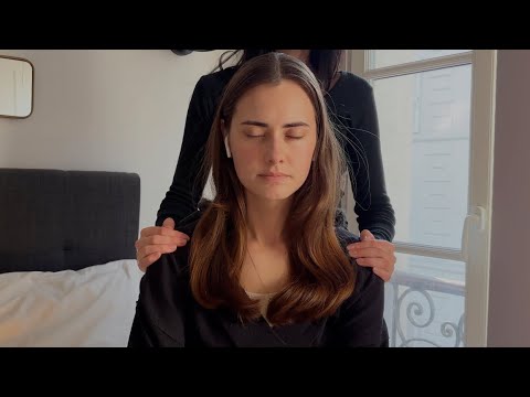 ASMR gentle hair play, brushing, massage, & scalp check for stress relief (soft spoken, real person)